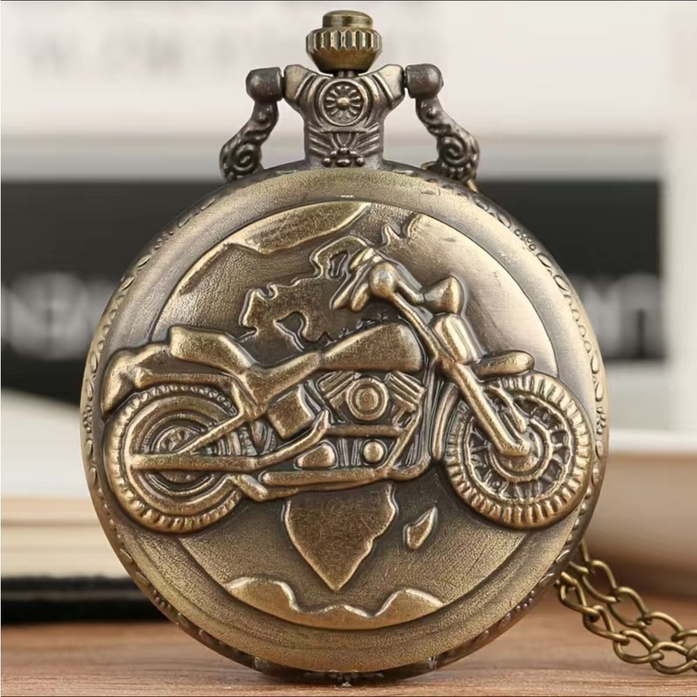 Motorcycle Pocket Watch Bronze Flip Open Pendant Chain Moto Steampunk Watch - Picture 4 of 16